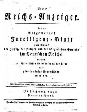 Kaiserlich privilegirter Reichs-Anzeiger. 1803,2, 1803, 2