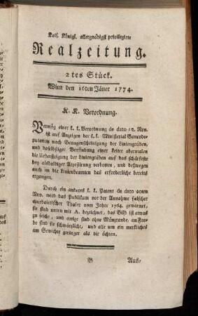 2tes Stück. Wien den 16ten Jäner 1774.