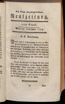 2tes Stück. Wien den 16ten Jäner 1774.