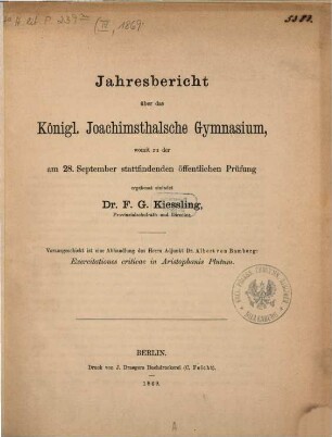 Jahresbericht über das Königl. Joachimsthalsche Gymnasium : für das Schuljahr .... 1869