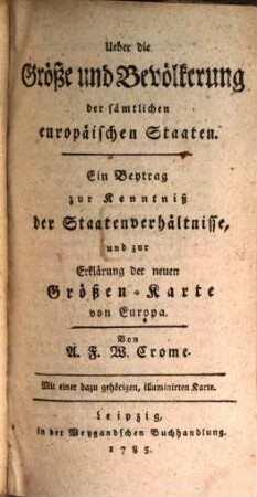 Ueber die Größe und Bevölkerung der sämmtl. Europäischen Staaten
