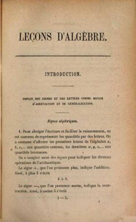 Leçons d'Algèbre, conformes aux programmes officiels de l'enseignement des Lycées, 1