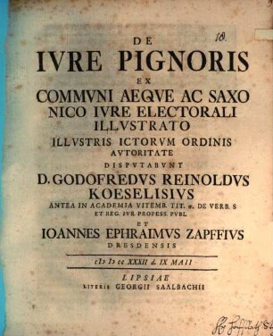 De Iure Pignoris Ex Communi Aeque Ac Saxonico Iure Electorali Illustrato