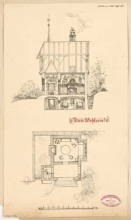 Weinberghäuschen an der Mosel Monatskonkurrenz Februar 1889: Grundriss, Längsschnitt; Maßstabsleiste