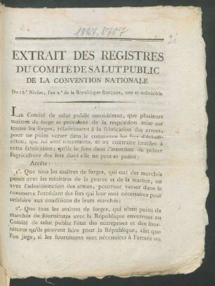 Extrait Des Registres Du Comité De Salut Public De La Convention Nationale Du 12.e Nivôse, l'an 2.e de la République françoise, une & indivisible
