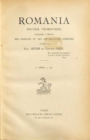 Romania : R ; revue consacrée à l'étude des langues et des littératures romanes. 21. 1892