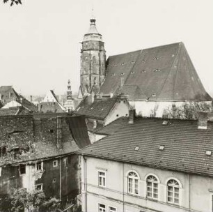 Stadtkirche St. Marien : Blick vom Burgberg über die Obere Burgstraße gegen Stadtkirche St. Marien