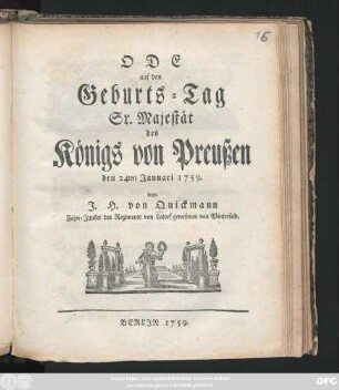 Ode auf den Geburts-Tag Sr. Majestät des Königs von Preußen den 24ten Januari 1759.