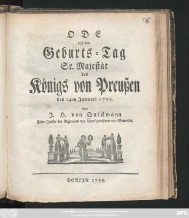 Ode auf den Geburts-Tag Sr. Majestät des Königs von Preußen den 24ten Januari 1759.