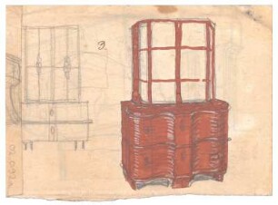 Entwurf einer Vitrine : Vitrinenschrank mit geschwungenem Unterbau mit vier Türen, Aufsatz aus Glas; weitere Skizze einer Vitrine; nummeriert