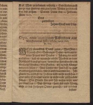 Copia, eines intercipirten Schreibens aus Wolffenbüttel, den 9. Octobr. Anno 1626. St. Ver.