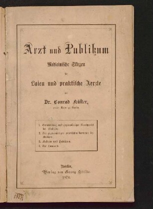 Arzt und Publikum : medicinische Skizzen für Laien und practische Aerzte