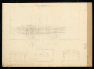 Markthalle Monatskonkurrenz Januar 1829: Perspektivische Ansicht, Grundriss, Teilaufriss, Querschnitt; 3 Maßstabsleisten