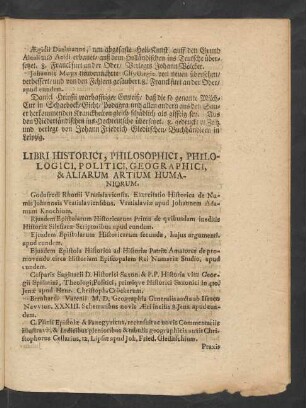 Libri Historici, Philosophici, Philologici, Politici, Geographici, & Aliarum Artium Humaniorum.