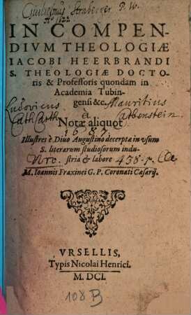 In compendium theologiae Jacobi Heerbrandi ... notae aliquot