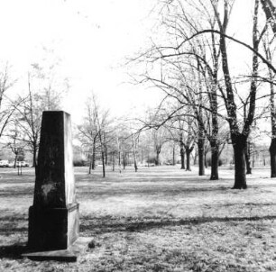 Cottbus-Sandow, Warschauer Straße. Ehem. Ostfriedhof. Parkanlage mit Baumallee und Grabsteinobelisk