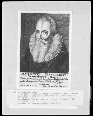 Antonius Matthäus (1564-1637), 1606-1624 Professor der Rechte in Marburg