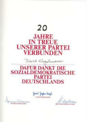 Urkunde zur 20jährigen Mitgliedschaft in der Sozialdemokratischen Partei Deutschlands