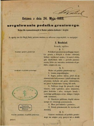 Ustawa z dnia 24. maja 1869, o uregulowaniu podatku gruntowego : [Kopft.]