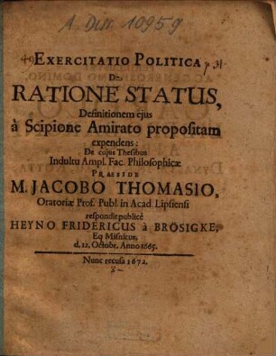 Exercitatio Politica De Ratione Status : Definitionem ejus a Scipione Amirato propositam expendens