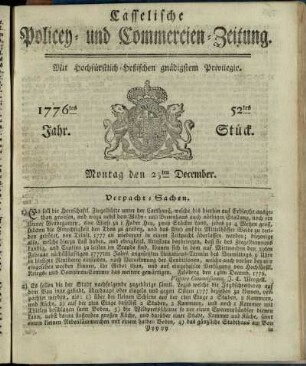52tes Stueck, Montag den 23ten December 1776