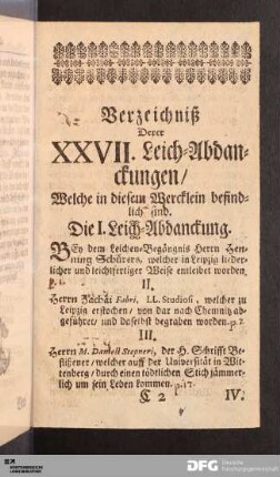 Verzeichniß Derer XXVII. Leich-Abdanckungen/ Welche in diesem Wercklein befindlich sind.