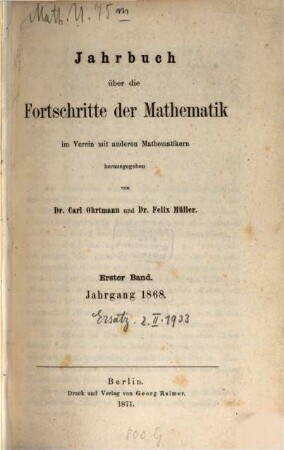 Jahrbuch über die Fortschritte der Mathematik. 1, 1. 1868 (1871)