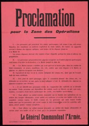 "Proclamation pour la Zone des Opérations." Verhaltensmaßregeln für die Zivilbevölkerung