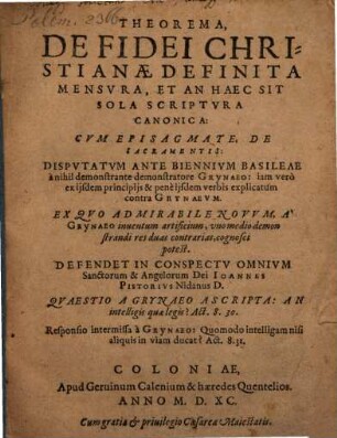 Theorema de fidei christianae definita mensura, et an haec sit sola scriptura canonica : cum episagmate, de sacramentis