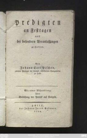 Predigten an Festtagen und bei besondern Veranlassungen gehalten