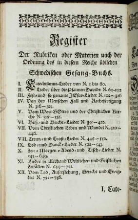 Register Der Rubriken oder Materien nach der Ordnung des in diesem Reiche üblichen Schwedischen Gesang-Buchs.