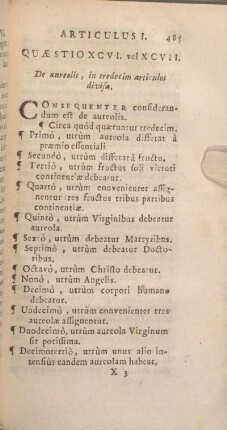 Quaestio XCVI. vel XCVII. De aureolis, in tredecim articulos divisa.