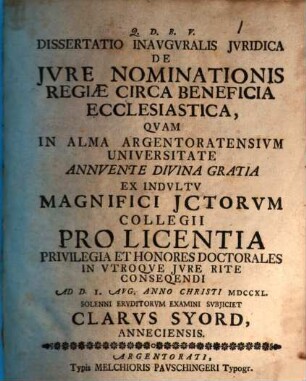 Diss. inaug. iur. de iure nominationis regiae circa beneficia ecclesiastica