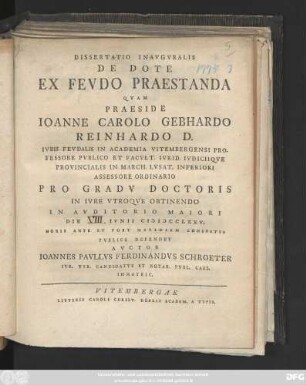 Dissertatio Inavgvralis De Dote Ex Fevdo Praestanda