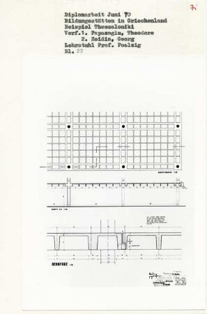 Bildungsstätten in Griechenland, Thessaloniki (Diplomarbeit bei Peter Poelzig): Kassettendecke 1:50, Schnitt 1:50 und Detail Dehnfuge 1:10