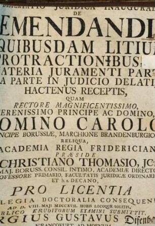 Dissertatio Juridica Inauguralis, De Emendandis Quibusdam Litium Protractionibus, In Materia Juramenti Parti A Parte In Judicio Delati, Hactenus Receptis