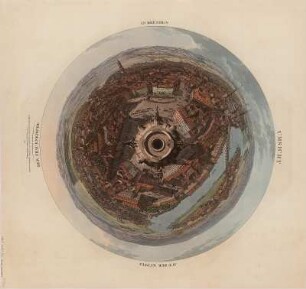 Rundsicht von der Frauenkirche in Dresden, Stich, 1825 : Umsicht auf der Kuppel der Frauenkirche in Dresden / aufgenommen, gezeichnet und gestochen von C. A. Richter. - Dresden : Arnold , 1824. - 1 Kunstblatt : color. Stich ; Blattgr. 58 x 61 cm