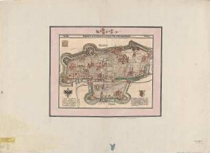Vogelschaubild von Augsburg, Kupferst., 1650 : Augspurg die hochberümpte und weitbekante Statt artlich ingrund gelegt / [Sebastian Münster]. - [Basel] , [1650]. - 1 Vogelschaubild : Kupferst. ; 35 x 26 cm. - Mit Gebäudekennung und 2 Wappen. - W oben.