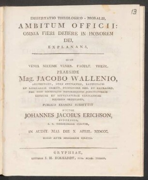 Dissertatio Theologico-Moralis, Ambitum Officii: Omnia Fieri Debere In Honorem Dei, Explanans
