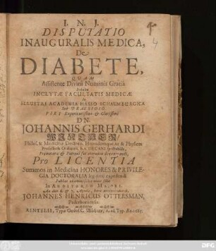 Disputatio Inauguralis Medica, De Diabete