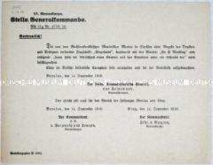 Rundschreiben des stellvertretenden Generalkommandos des VI. Armeekorps zum Verbot einer Flugschrift