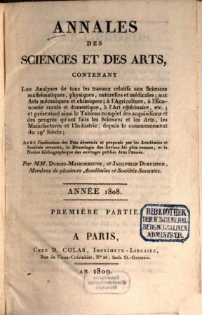 Annales des sciences et des arts. 1808 (1809), 1