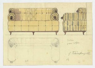 Entwurf eines Sitzmöbels : Vorder-, Seiten- und Draufsicht eines Sofas; handschriftliche Anmerkungen, signiert