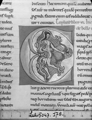 Flavius Iosephus: Antiquitatum Iudaïcarum ; De bello Iudaïco libri septem / Flavii Josephi antiquitatum Judaïcarum libri viginti : ad calcem subjicitur sancti Hieronymi de Josepho testimonium. — Initial C mit Bogenschütze, Folio fol. 178