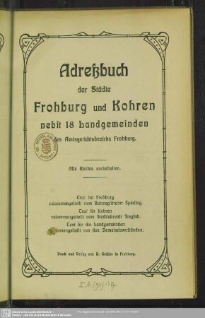 1.1911: Adressbuch der Städte Frohburg und Kohren : nebst 18 Landgemeinden d. Amtsgerichtsbezirks Frohburg