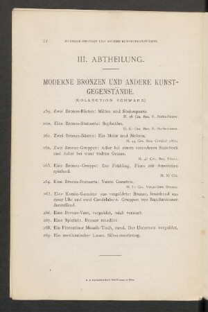 III. Abtheilung. Moderne Bronzen und andere Kunstgegenstände. (Collection Schwarz)