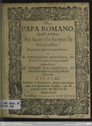 De Papa Romano : Quaestio Jubilae, An sacer ille homo sit Antichristus?