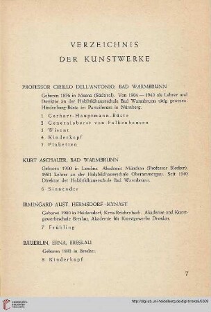 Verzeichnis der Kunstwerke