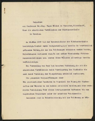 Jahrhunderthalle, Breslau Akustikgutachten: Gutachten von Eugen Michel über akustische Verhältnisse (mehrseitig)