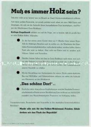 Flugblatt des FDGB-Bezirksvorstandes Gera mit Aufruf an forstwirtschaftliche Betriebe zur Produktion von Massenbedarfsgütern, anlässlich des 10. Jahrestages der DDR-Gründung